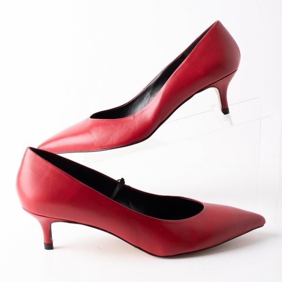 Zara Womens Red Leather Kitten Heels Pumps Shoes - Picture 2 of 9